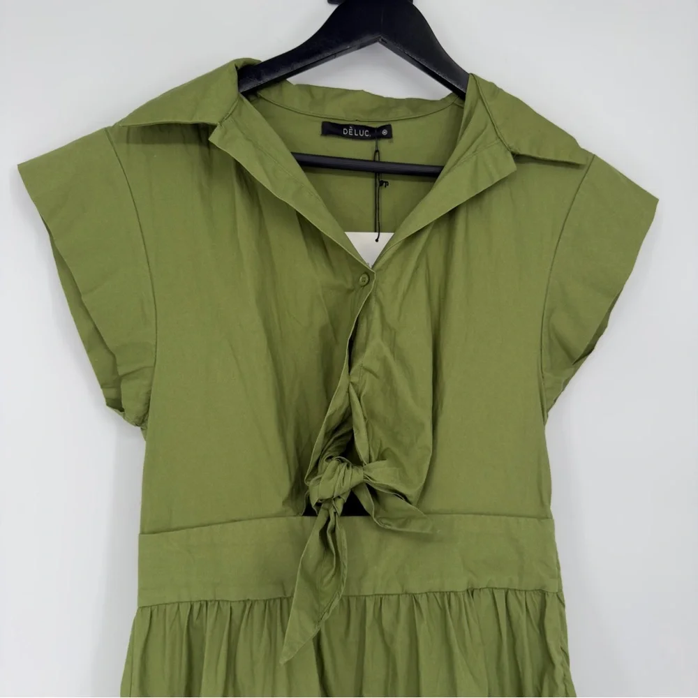 NEW DELUC Green Olive Frilly Mini Tiered Dress Sz Medium - Picture 3 of 7